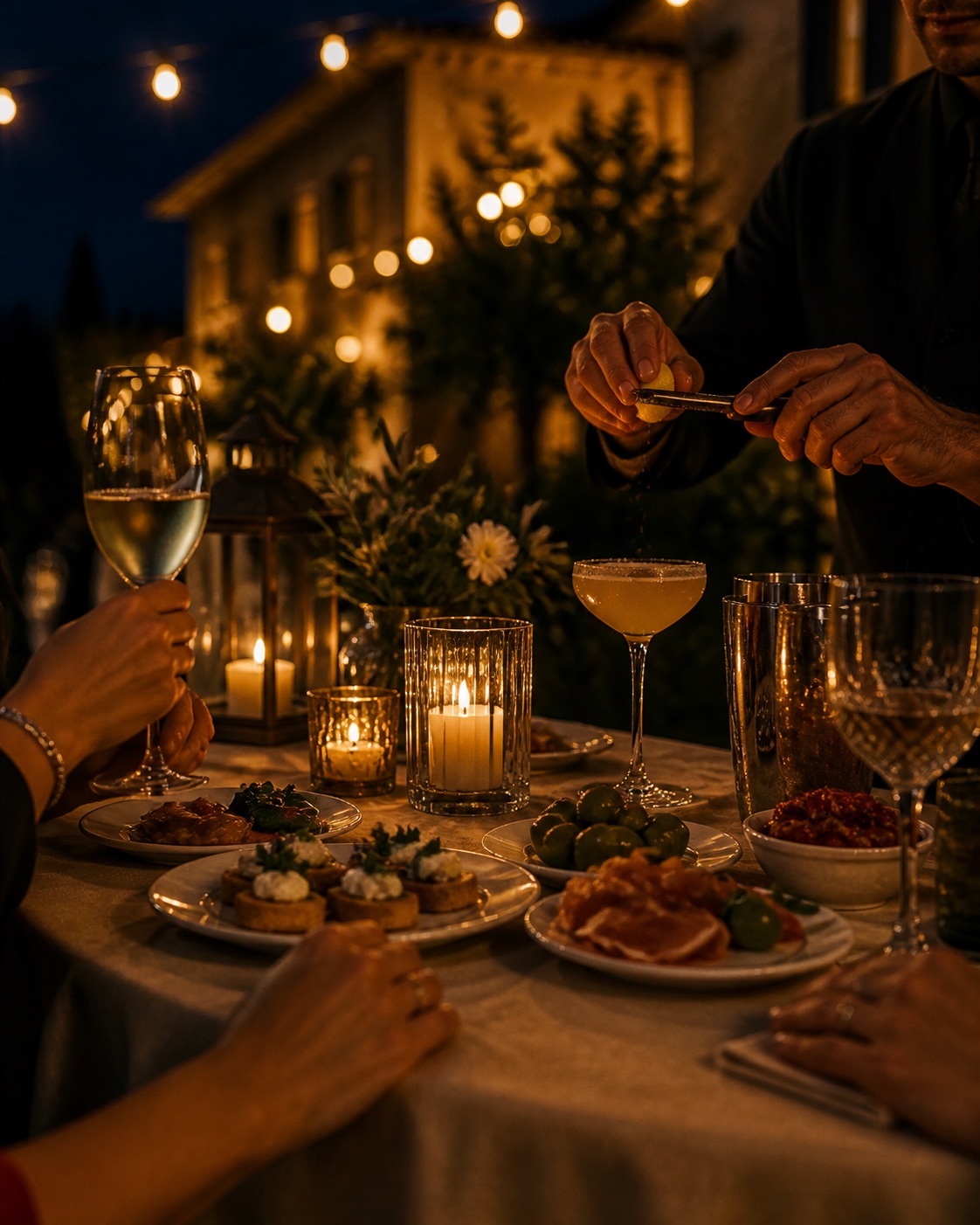 Tavolo serale con piatti da condividere e cocktail, immagine evocativa