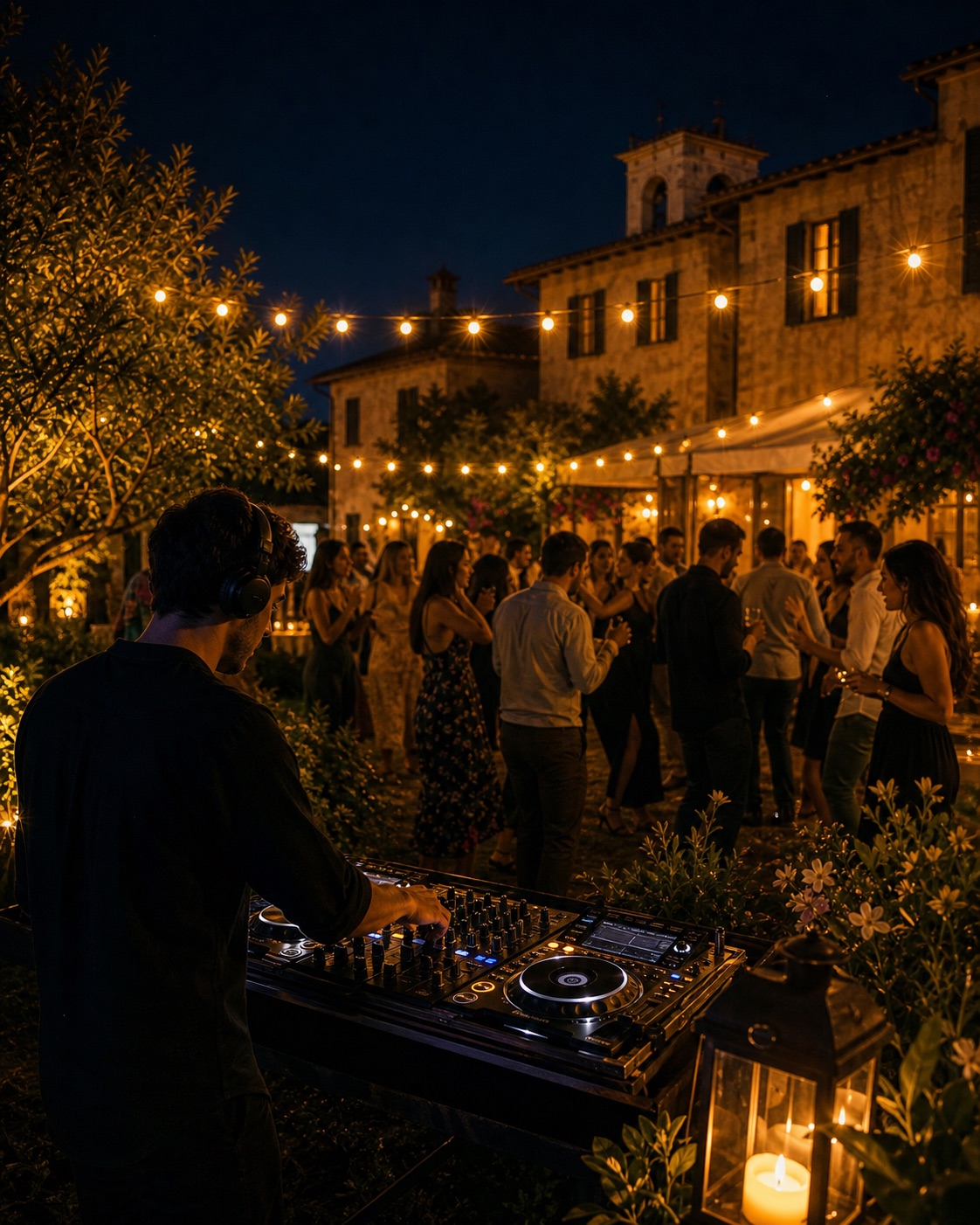 DJ set elegante all'aperto in un giardino serale, immagine evocativa