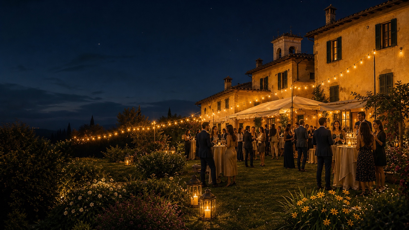 Scena evocativa di una festa serale in giardino, con villa illuminata e ospiti