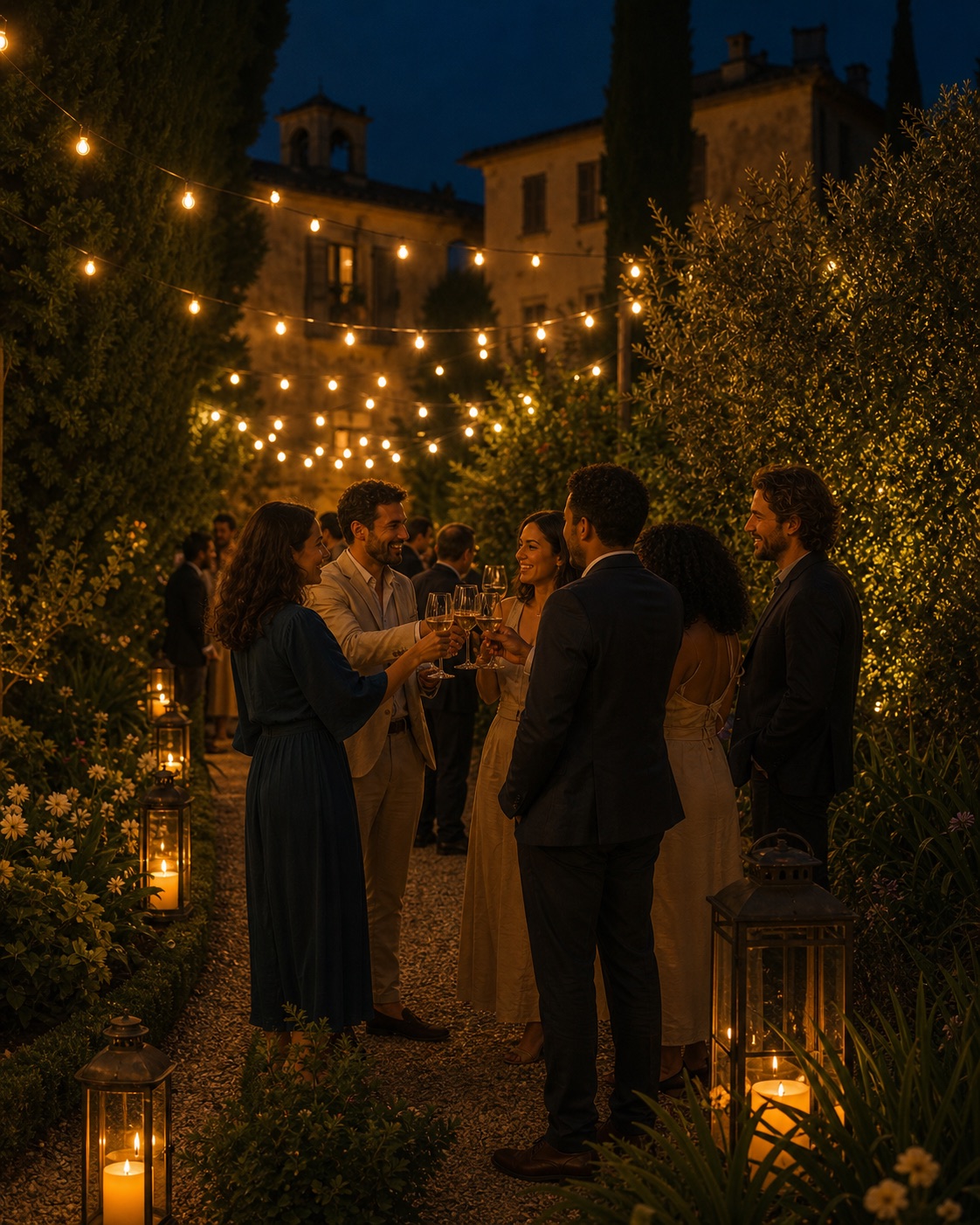 Amici che brindano in un giardino illuminato, immagine evocativa